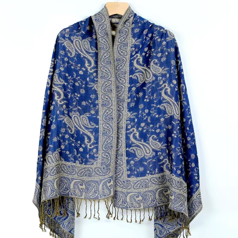 Royal Blue and beige reversible pashmina scarf shawl wrap, Unisex Holiday gift